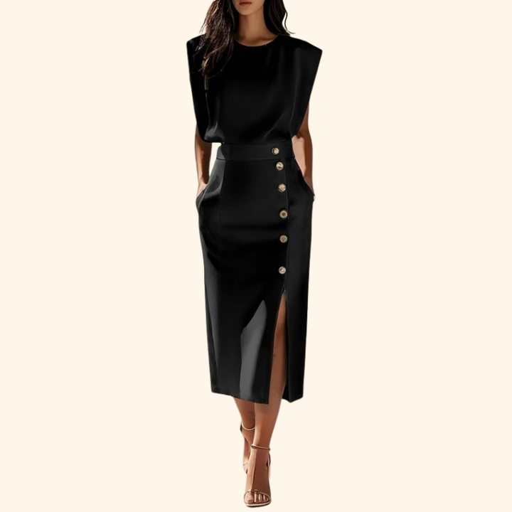 Megan - Solid Midi Dress with Button Slit and Round Neckline