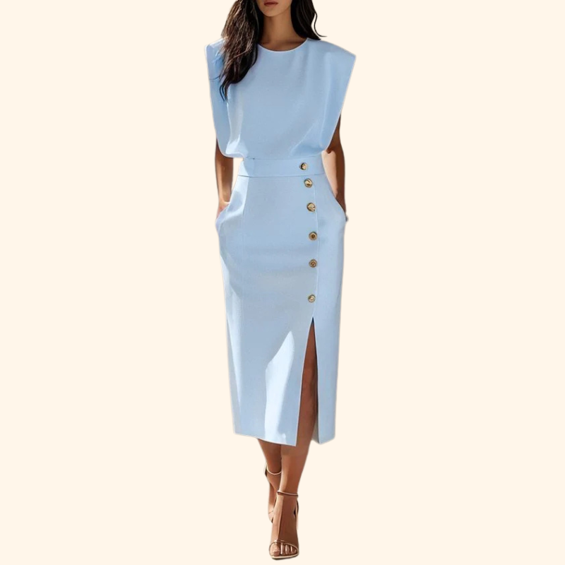Megan - Solid Midi Dress with Button Slit and Round Neckline