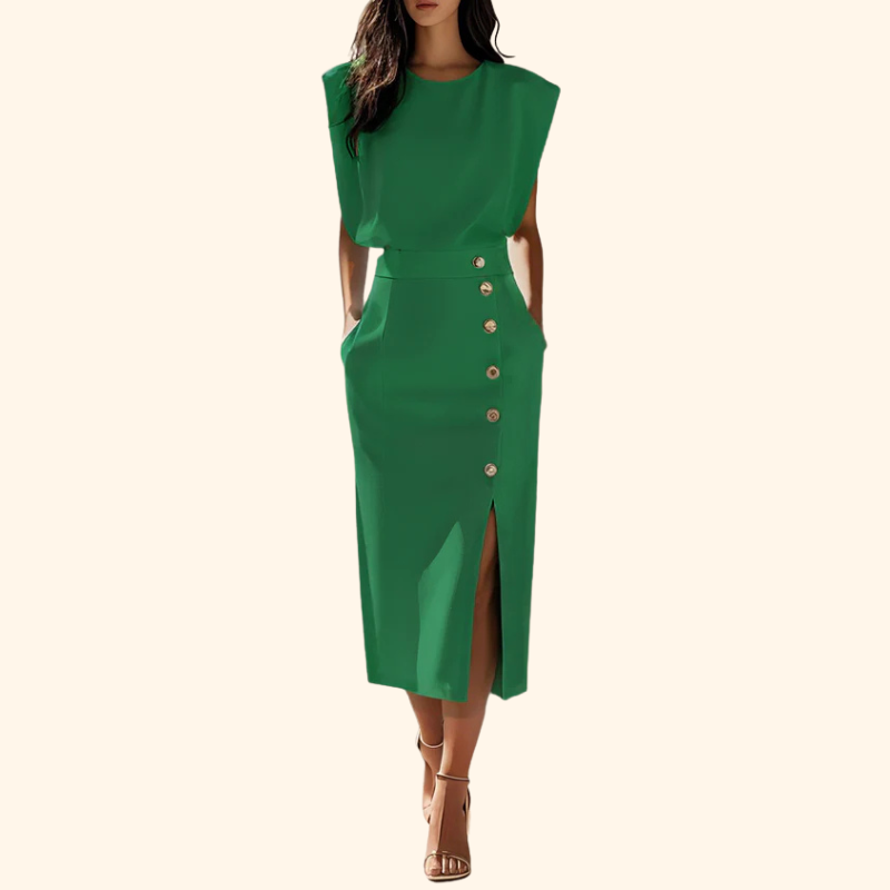 Megan - Solid Midi Dress with Button Slit and Round Neckline