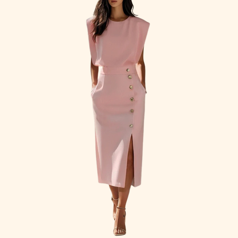 Megan - Solid Midi Dress with Button Slit and Round Neckline