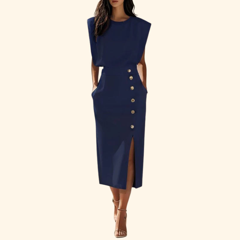 Megan - Solid Midi Dress with Button Slit and Round Neckline