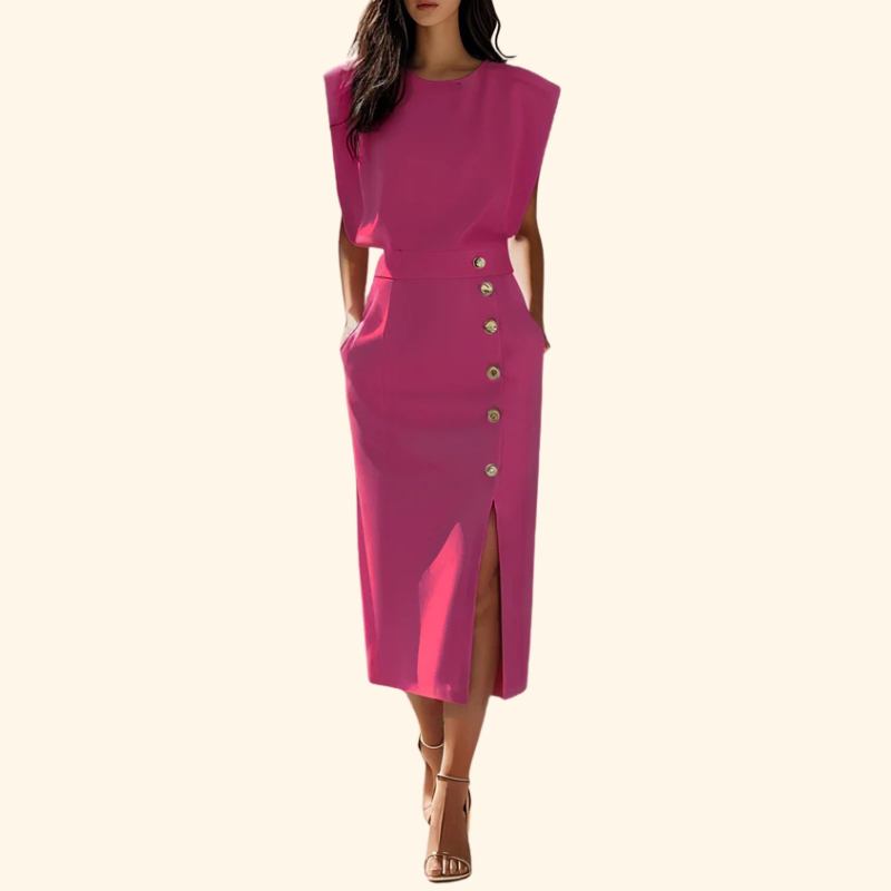 Megan - Solid Midi Dress with Button Slit and Round Neckline