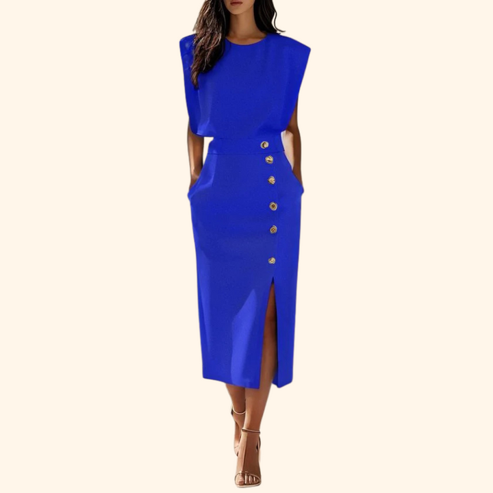 Megan - Solid Midi Dress with Button Slit and Round Neckline