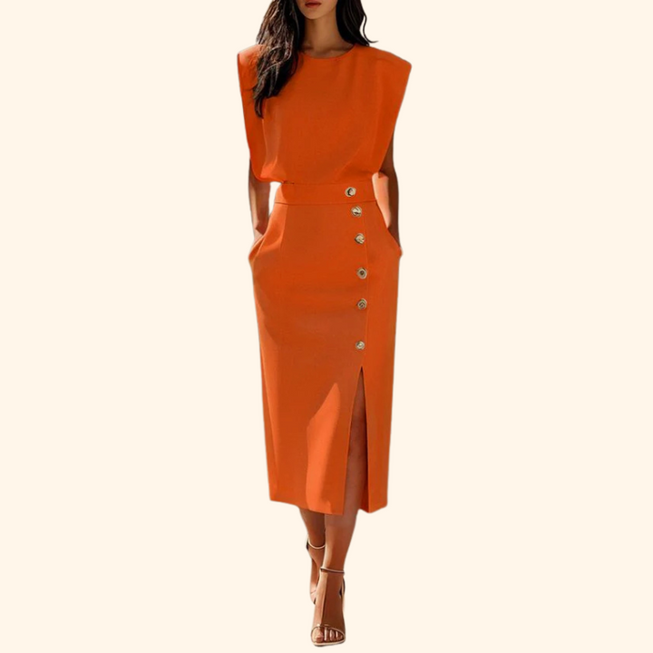Megan - Solid Midi Dress with Button Slit and Round Neckline