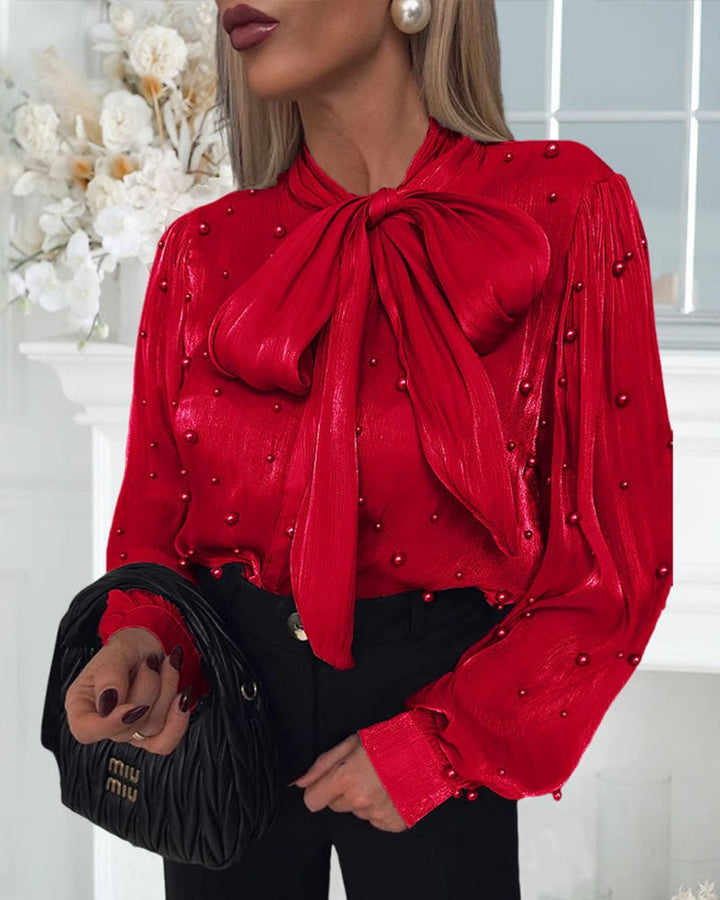 Jane - Pearl Embellished Bow Tie Shirt