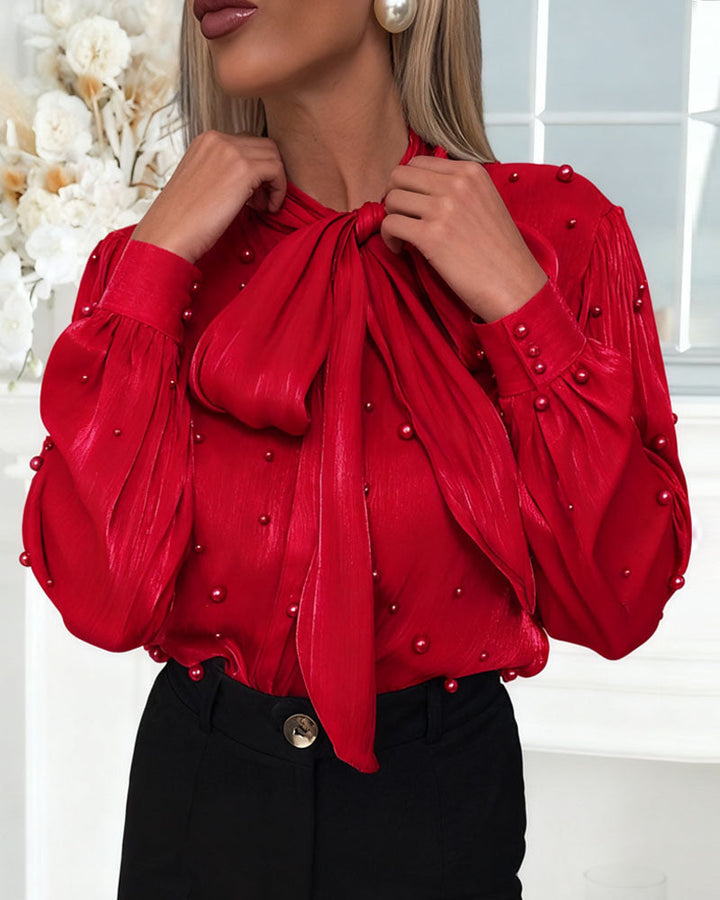 Jane - Pearl Embellished Bow Tie Shirt