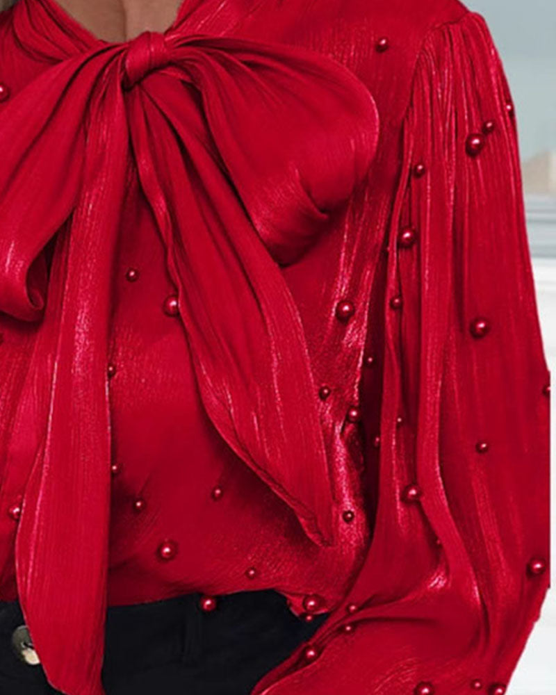 Jane - Pearl Embellished Bow Tie Shirt